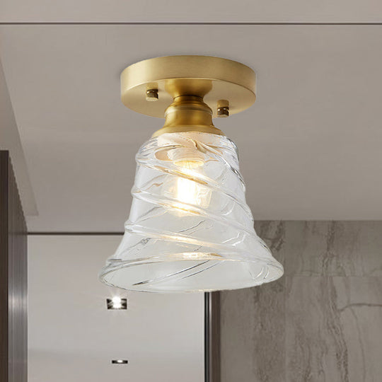 Industrial-Style Cone Glass Ceiling Light - Single Bulb Semi Flush Mount Fixture In Brass With