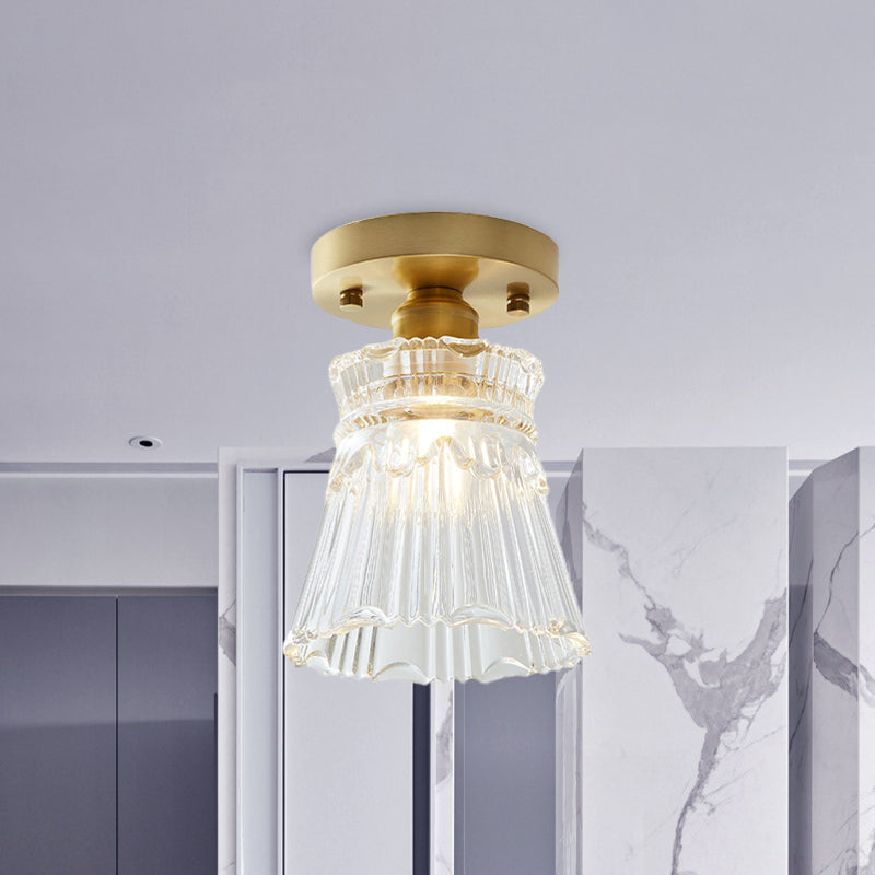 Industrial-Style Cone Glass Ceiling Light - Single Bulb Semi Flush Mount Fixture In Brass With