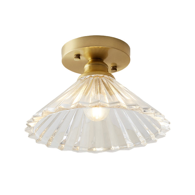 Industrial-Style Cone Glass Ceiling Light - Single Bulb Semi Flush Mount Fixture In Brass With