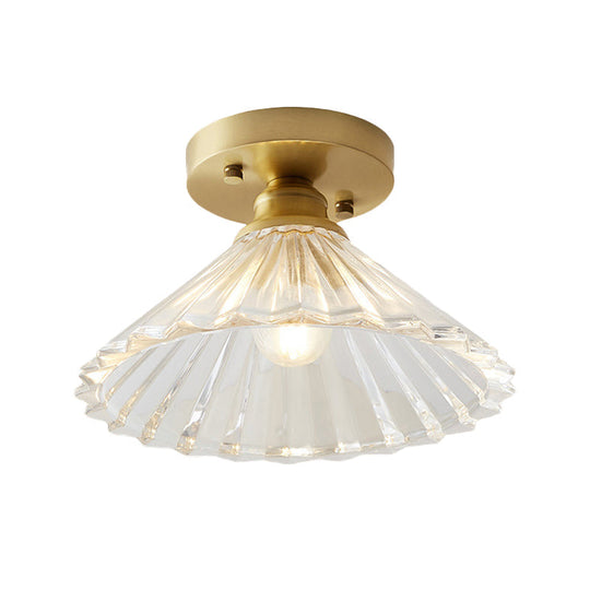 Industrial-Style Cone Glass Ceiling Light - Single Bulb Semi Flush Mount Fixture In Brass With