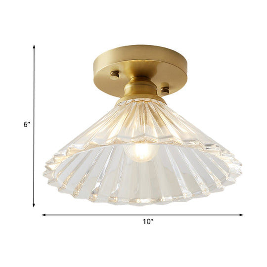 Industrial-Style Cone Glass Ceiling Light - Single Bulb Semi Flush Mount Fixture In Brass With