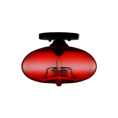 Industrial Semi Flush Ceiling Light With Oval Red/Brown/Blue Glass Shade - Black Finish Ideal For