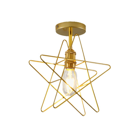 Vintage Industrial Star Cage Semi Flush Light: Black/Gold Metallic Mount For Corridor
