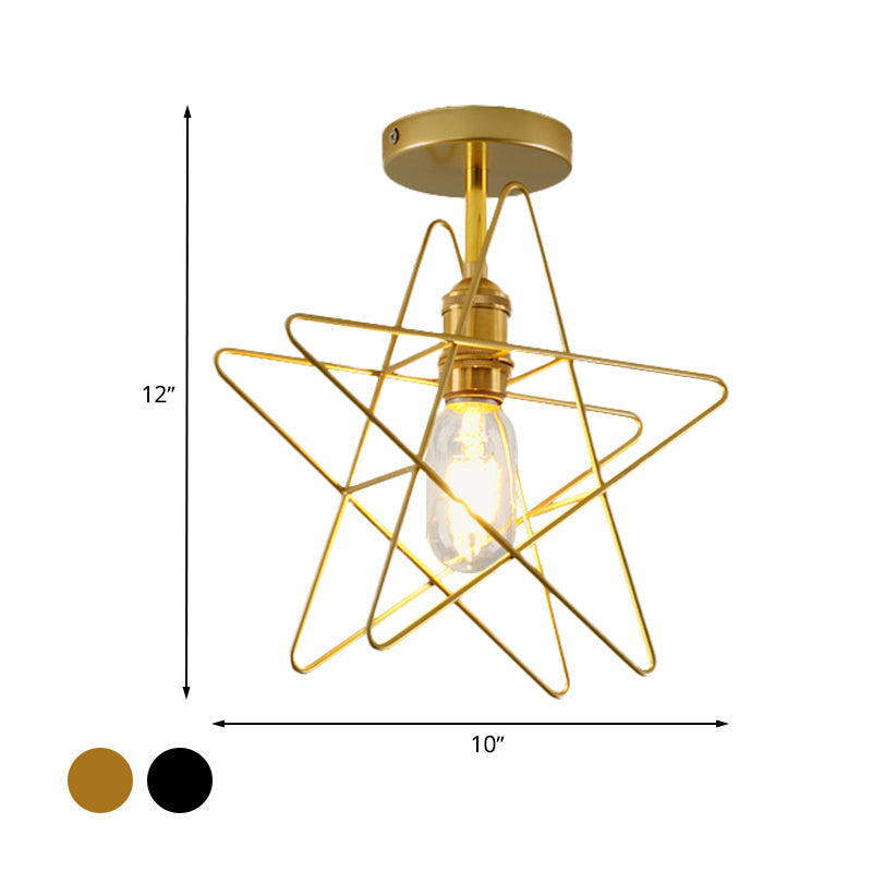 Vintage Industrial Star Cage Semi Flush Light: Black/Gold Metallic Mount For Corridor