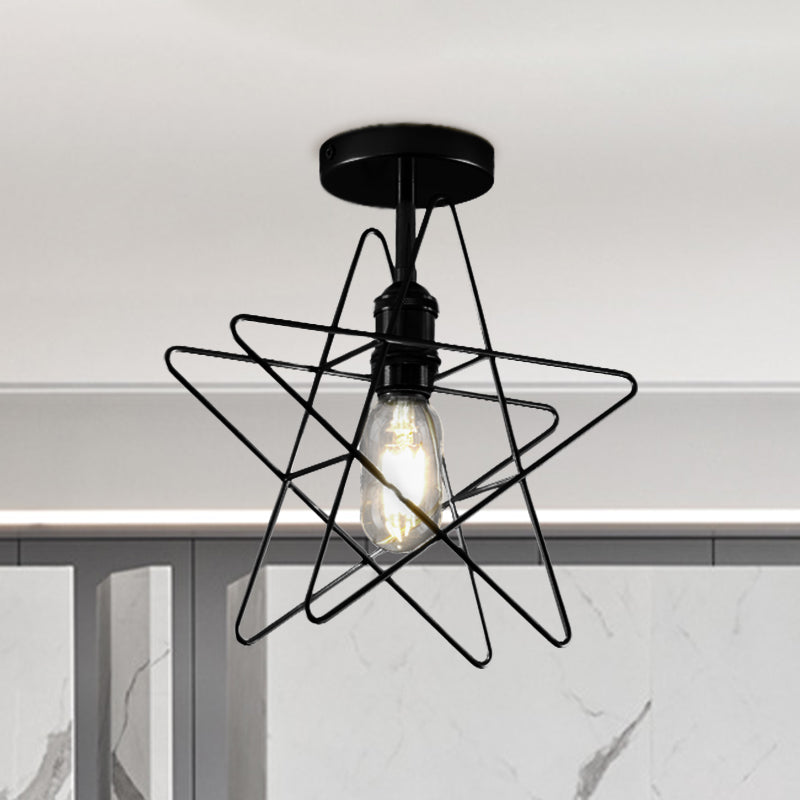 Vintage Industrial Star Cage Semi Flush Light: Black/Gold Metallic Mount For Corridor Black