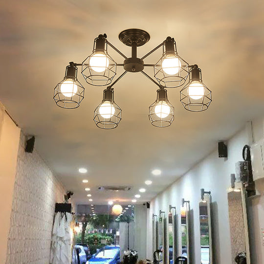 Retro Style Black Metal Semi Flush Pendant Light With Global Cage Shade For Living Room - 6/8