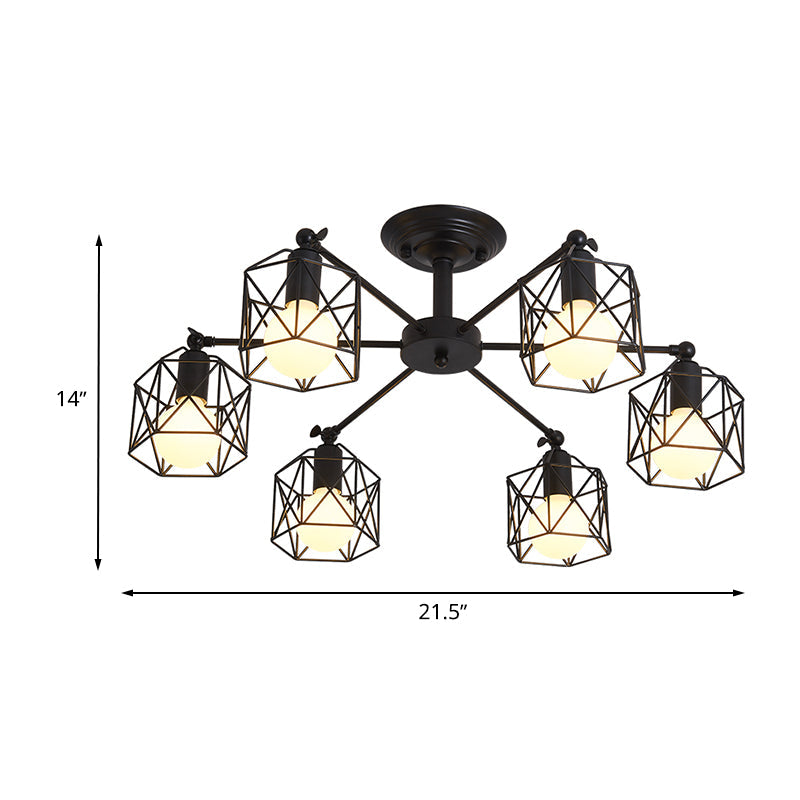Retro Style Black Metal Semi Flush Pendant Light With Global Cage Shade For Living Room - 6/8