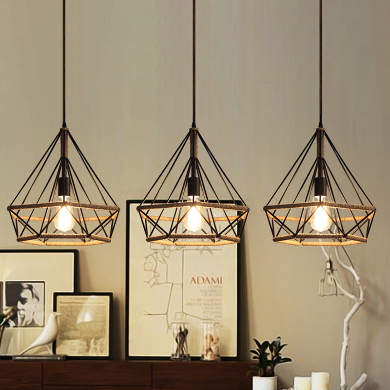 Diamond Cage Pendant Lamp - Industrial Stylish 3 Lights Metal And Rope Black