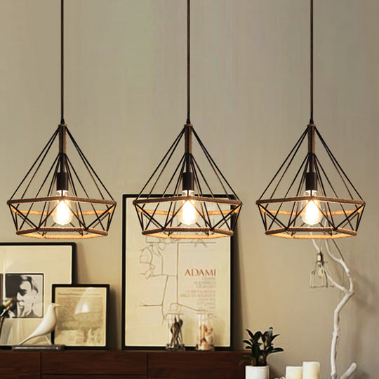 Diamond Cage Pendant Lamp - Industrial Stylish 3 Lights Metal And Rope Black