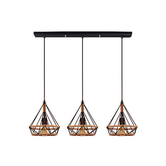 Diamond Cage Pendant Lamp - Industrial Stylish 3 Lights Metal And Rope Black