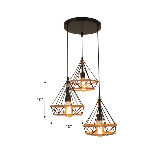 Diamond Cage Pendant Lamp - Industrial Stylish 3 Lights Metal And Rope Black