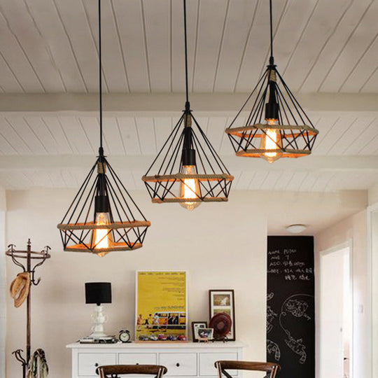 Diamond Cage Pendant Lamp - Industrial Stylish 3 Lights Metal And Rope Black