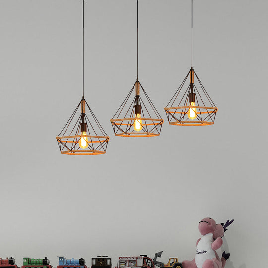 Diamond Cage Pendant Lamp - Industrial Stylish 3 Lights Metal And Rope Black