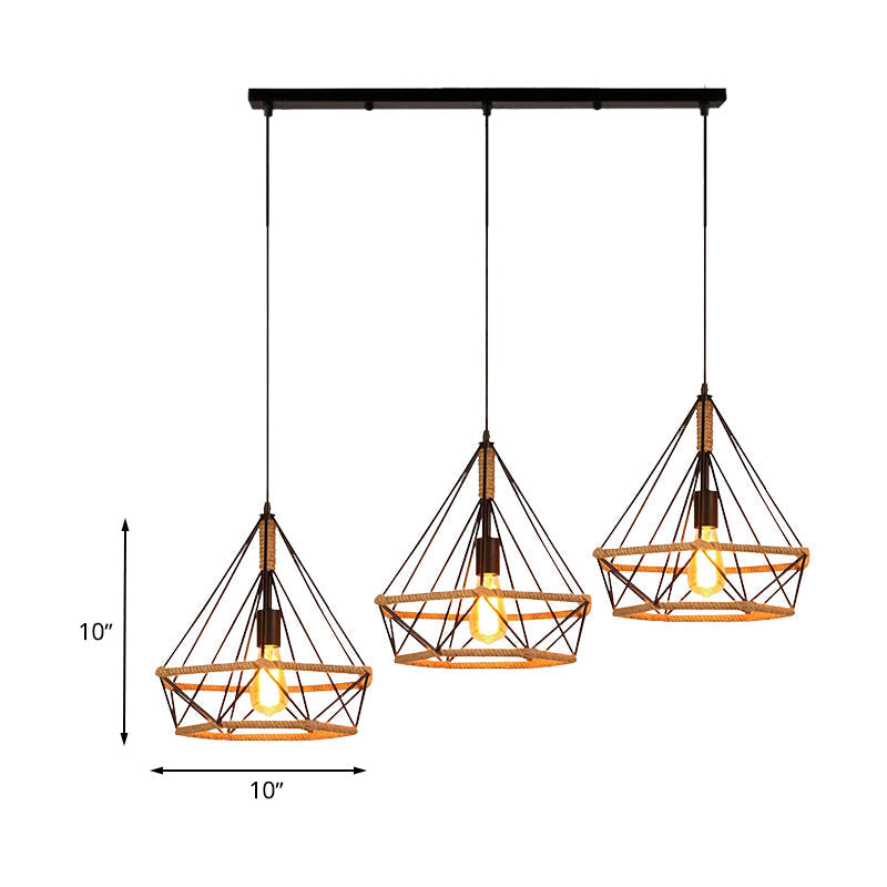 Diamond Cage Pendant Lamp - Industrial Stylish 3 Lights Metal And Rope Black