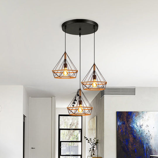 Diamond Cage Pendant Lamp - Industrial Stylish 3 Lights Metal And Rope Black