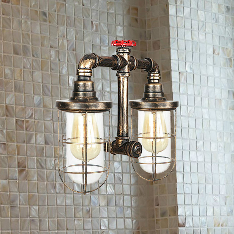 Farmhouse Wire Guard Wall Lamp - Vintage Brass Wrought Iron Sconce With Valve Wheel Design 2 Bulbs