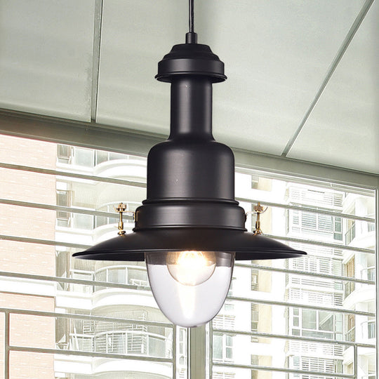 Nautical Style Flat Shade Pendant Lamp - 1 Light Metallic Suspended Black/White Finish For Kitchen