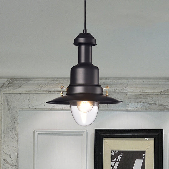 Nautical Style Flat Shade Pendant Lamp - 1 Light Metallic Suspended Black/White Finish For Kitchen