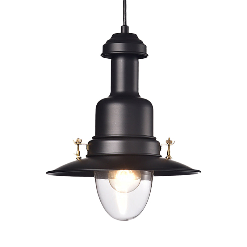 Nautical Style Flat Shade Pendant Lamp - 1 Light Metallic Suspended Black/White Finish For Kitchen