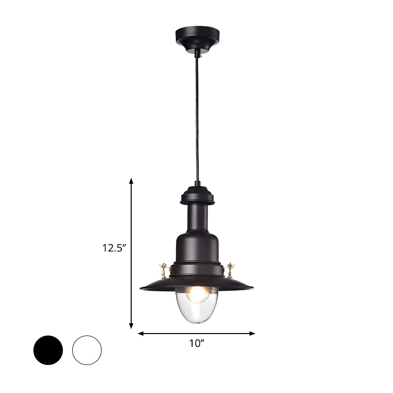 Nautical Style Flat Shade Pendant Lamp - 1 Light Metallic Suspended Black/White Finish For Kitchen