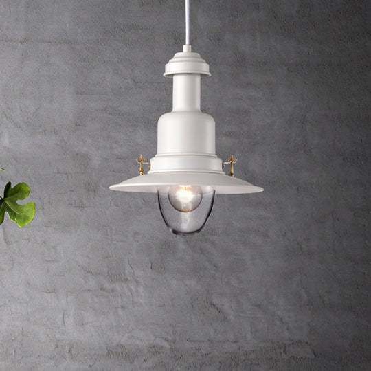 Nautical Style Flat Shade Pendant Lamp - 1 Light Metallic Suspended Black/White Finish For Kitchen