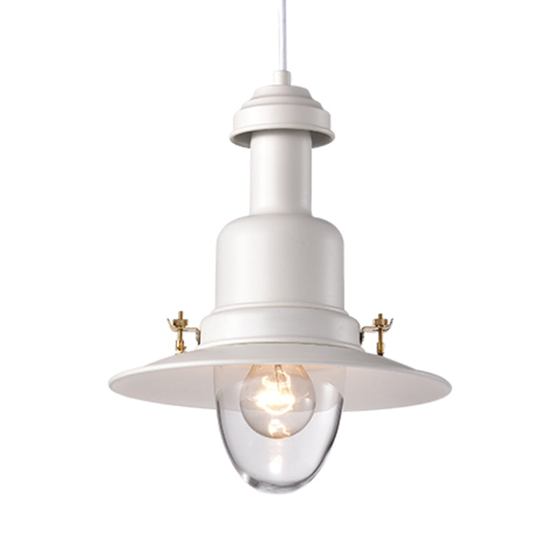 Nautical Style Flat Shade Pendant Lamp - 1 Light Metallic Suspended Black/White Finish For Kitchen