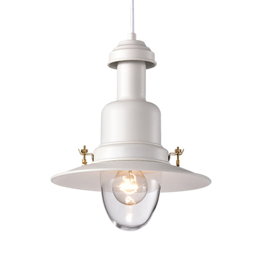 Nautical Style Flat Shade Pendant Lamp - 1 Light Metallic Suspended Black/White Finish For Kitchen