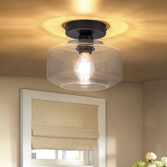 Sleek Industrial Drum Shade Semi Flush Light In Black With Clear/Amber Glass – Perfect For Foyer