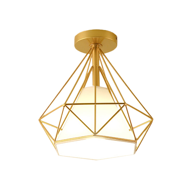 Diamond - Cage Industrial Bedroom Pendant Light - Vintage Gold Semi Flush Mount Ceiling Fixture
