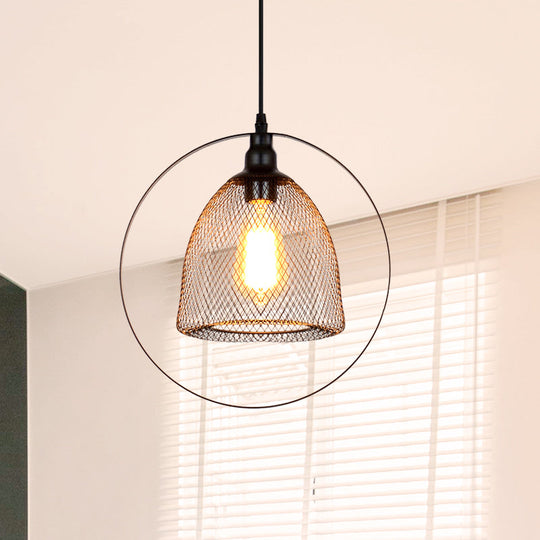 Industrial Metal Hanging Pendant Light In Black For Living Room - Single Bell/Dome Design