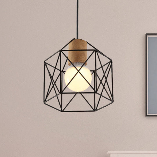 Industrial Retro Hanging Fixture - 1 Head Metal/Wood Ceiling Light With Cage Shade Black