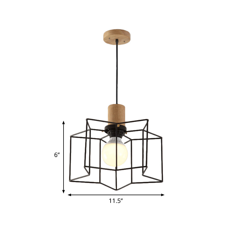 Industrial Retro Hanging Fixture - 1 Head Metal/Wood Ceiling Light With Cage Shade Black