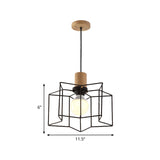 Retro Industrial Hexagon/Star Hanging Fixture - Metal & Wood Ceiling Lighting With Cage Shade