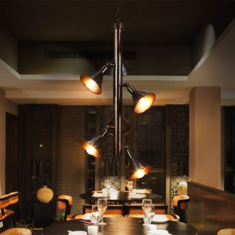 Vintage Funnel Chandelier Lamp - 6-Head Iron Angle Adjustable Pendant Light In Bronze