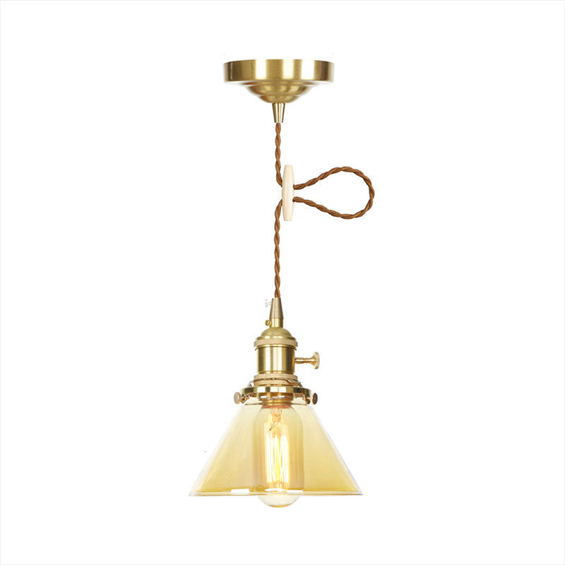 Amber Glass Industrial Pendant Lamp - Adjustable Cord Hanging Ceiling Light 1 Cone Design