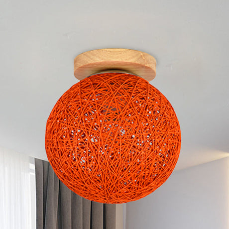 Modernist Rattan Ceiling Mount Light: Blue/Flaxen Globe Shade 6/8 Wide 1 Bulb Flush Lighting For