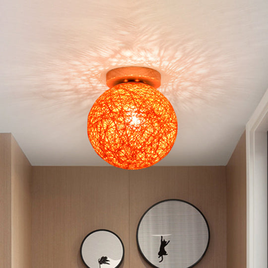 Modernist Rattan Ceiling Mount Light: Blue/Flaxen Globe Shade 6’/8’ Wide 1 Bulb Flush Lighting