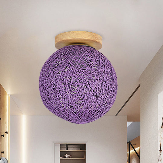 Modernist Rattan Ceiling Mount Light: Blue/Flaxen Globe Shade 6’/8’ Wide 1 Bulb Flush Lighting