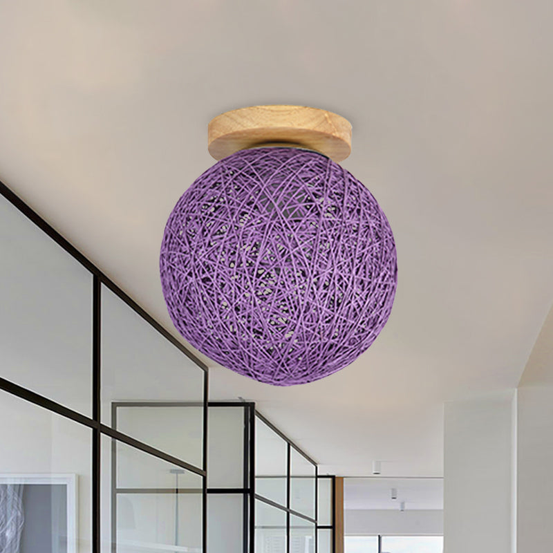 Modernist Rattan Ceiling Mount Light: Blue/Flaxen Globe Shade 6’/8’ Wide 1 Bulb Flush Lighting