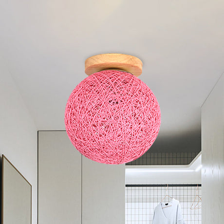 Modernist Rattan Ceiling Mount Light: Blue/Flaxen Globe Shade 6/8 Wide 1 Bulb Flush Lighting For
