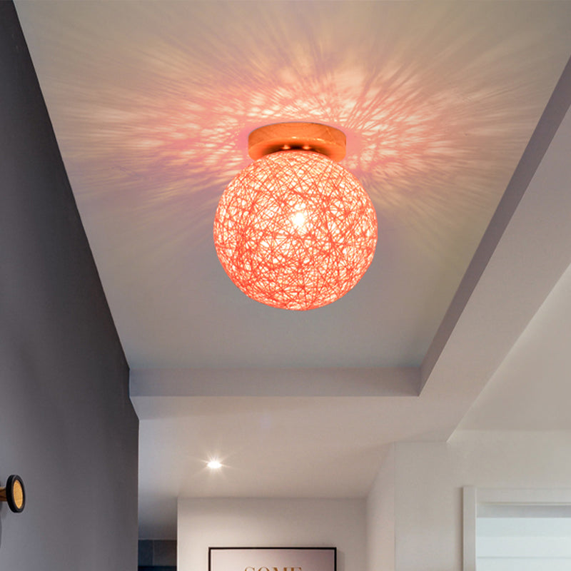 Modernist Rattan Ceiling Mount Light: Blue/Flaxen Globe Shade 6’/8’ Wide 1 Bulb Flush Lighting