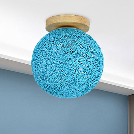 Modernist Rattan Ceiling Mount Light: Blue/Flaxen Globe Shade 6/8 Wide 1 Bulb Flush Lighting For