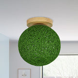 Modernist Rattan Ceiling Mount Light: Blue/Flaxen Globe Shade 6/8 Wide 1 Bulb Flush Lighting For