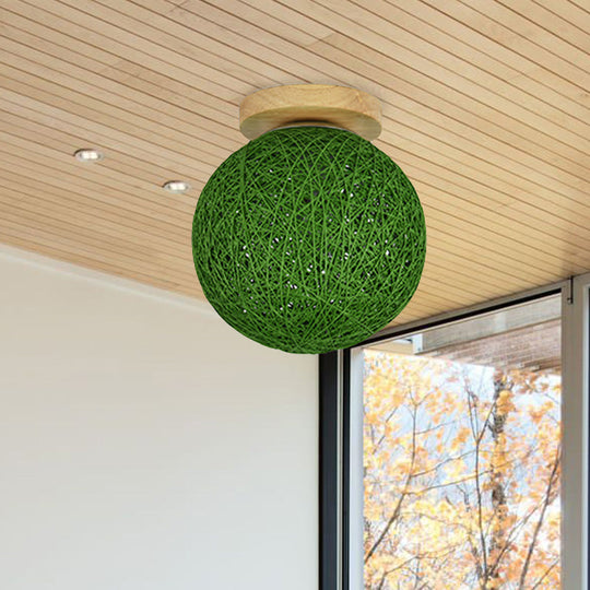 Modernist Rattan Ceiling Mount Light: Blue/Flaxen Globe Shade 6’/8’ Wide 1 Bulb Flush Lighting