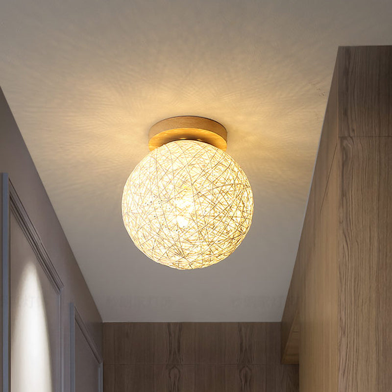 Modernist Rattan Ceiling Mount Light: Blue/Flaxen Globe Shade 6/8 Wide 1 Bulb Flush Lighting For