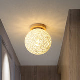 Modernist Rattan Ceiling Mount Light: Blue/Flaxen Globe Shade 6/8 Wide 1 Bulb Flush Lighting For