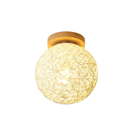 Modernist Rattan Ceiling Mount Light: Blue/Flaxen Globe Shade 6/8 Wide 1 Bulb Flush Lighting For