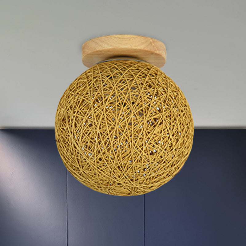 Modernist Rattan Ceiling Mount Light: Blue/Flaxen Globe Shade 6’/8’ Wide 1 Bulb Flush Lighting