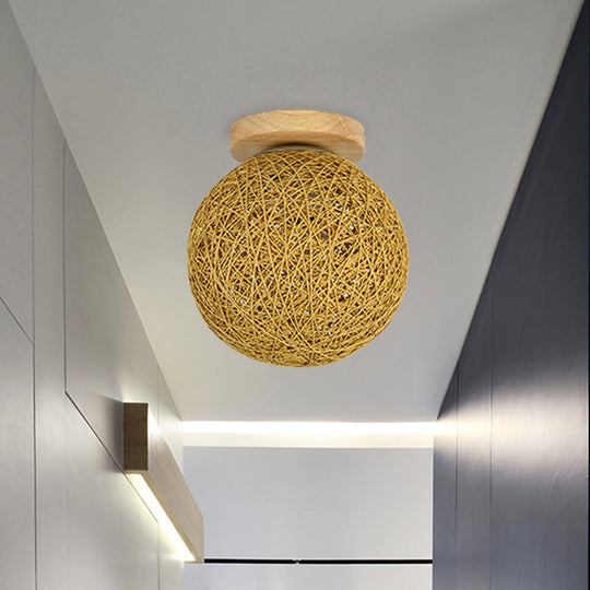 Modernist Rattan Ceiling Mount Light: Blue/Flaxen Globe Shade 6’/8’ Wide 1 Bulb Flush Lighting