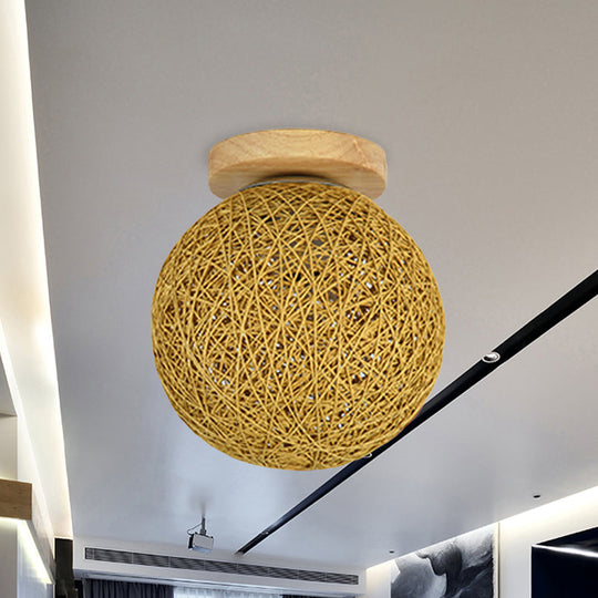 Modernist Rattan Ceiling Mount Light: Blue/Flaxen Globe Shade 6’/8’ Wide 1 Bulb Flush Lighting